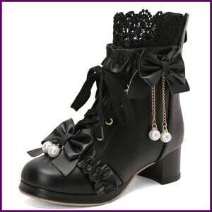 Lace Up Ankle Boots with Bow Chunky Mid Heel Platform Cosplay Shoes